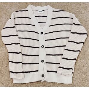 Pact Cream and Brown Striped Cardigan Sweater Women's Size M